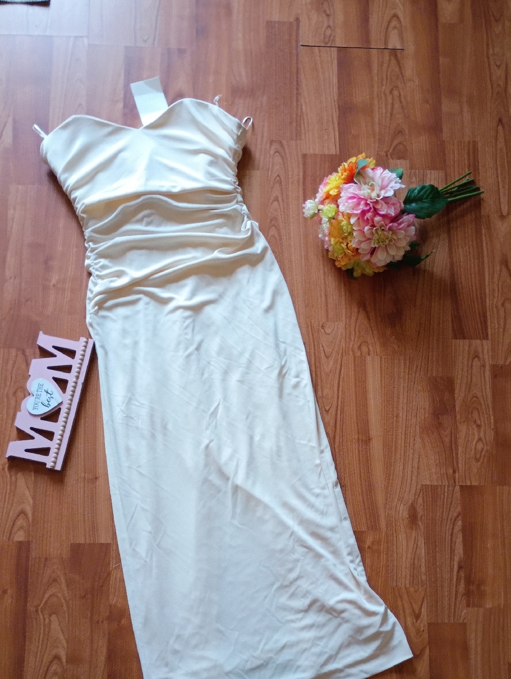 Zara Cream Satin Ruched Maxi Dress
